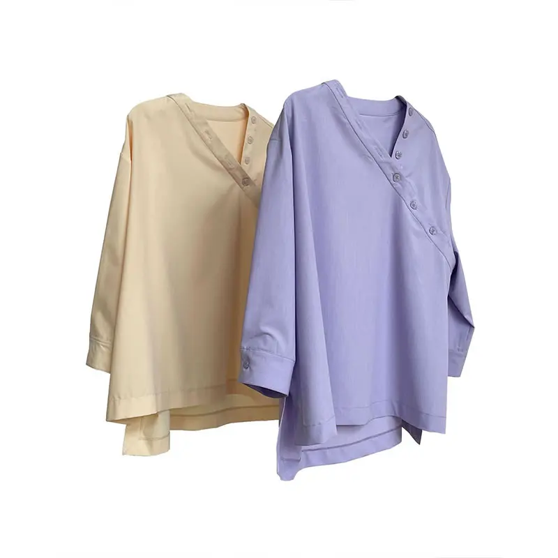 

XITAO Retro Hipster Oblique Placket Blouse Fashion New Women Solid Color Elegant Goddess Fan Minority Loose Shirt LDD1125