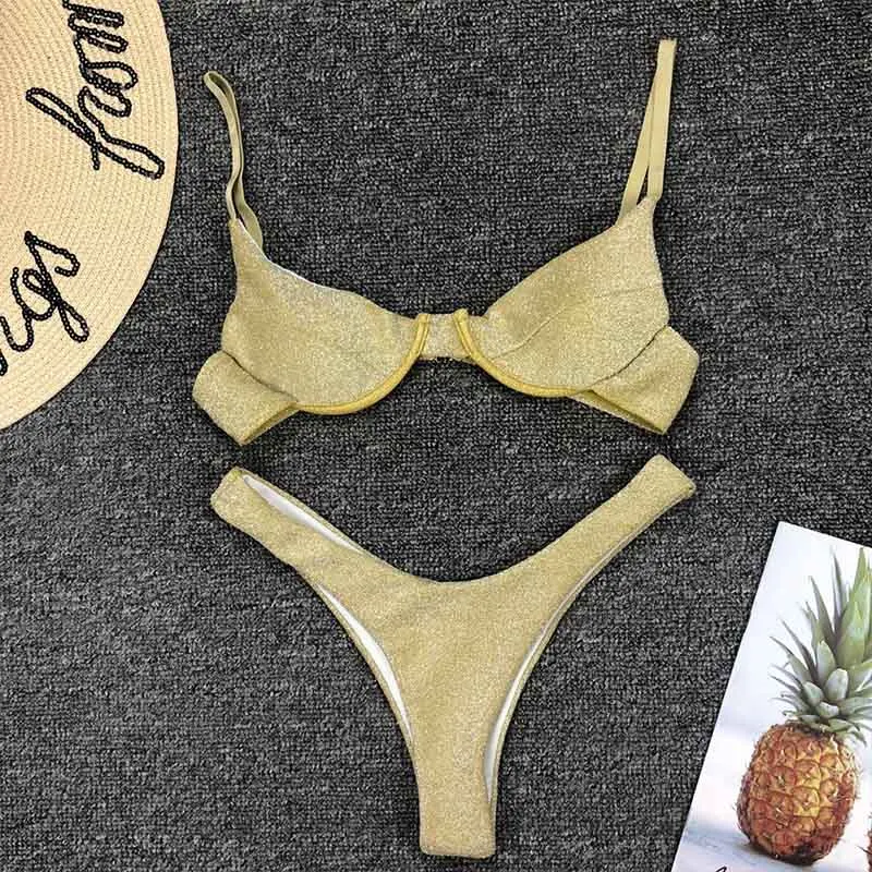 

Newest Shiny solid swimwear women bikinis 2020 new sexy steel prop push up bathing suit female summer swimming Beachwear