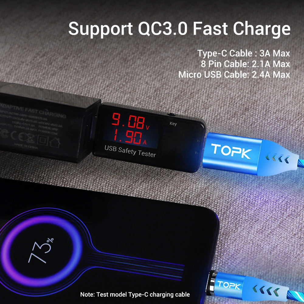 Магнитный кабель TOPK 3A светодиодный Micro Usb Type-C для быстрой зарядки iPhone Xiaomi Mi 9 8