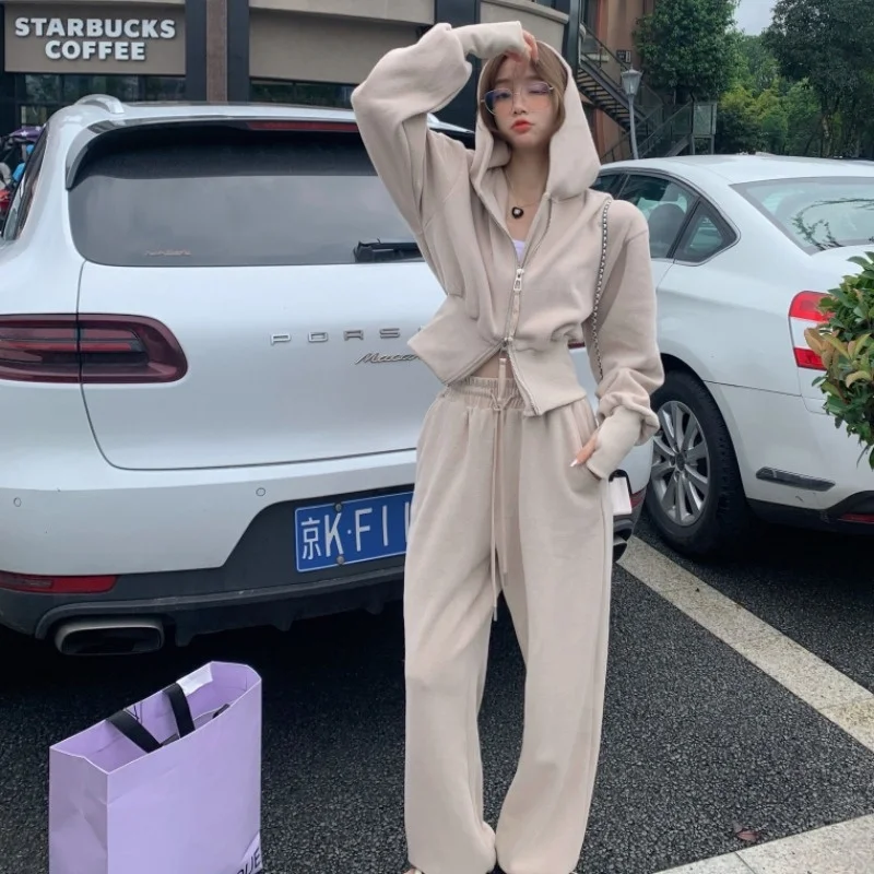 

Популярный костюм на раннюю осень, Женский Повседневный свитер в Корейском стиле, кардиган с капюшоном, пальто, прямые брюки, спортивные жен...