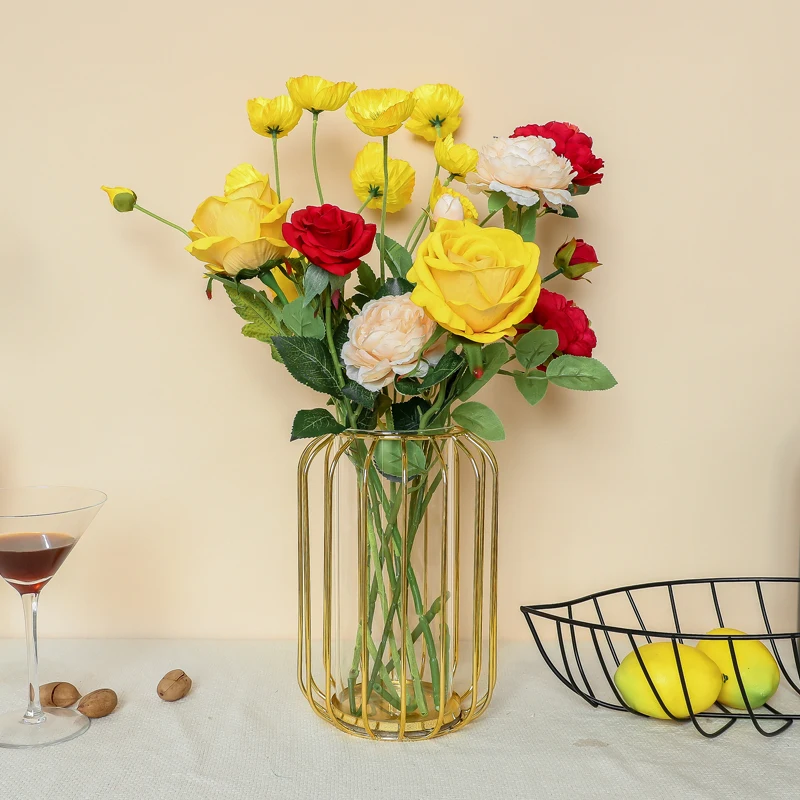 

Nordic Creative Gold Iron Tube Glass Vase Tabletop Transparent Hydroponics Dry Flower Arrangement Container Home Office Decor