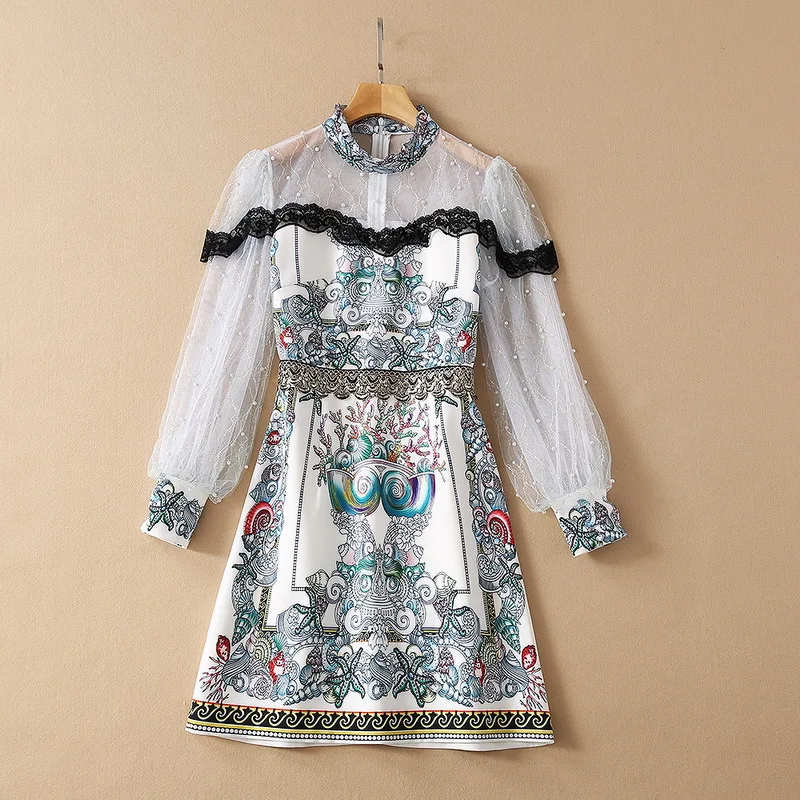 

Женская одежда в европейском и американском стиле, весна 2021, новое Сетчатое модное платье с длинными рукавами и кружевными вставками в виде ...