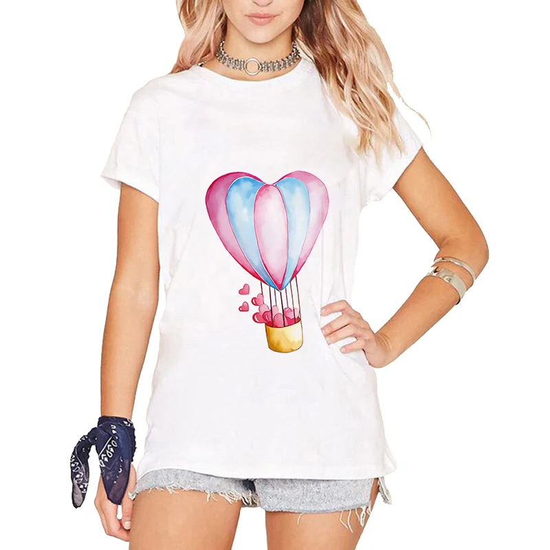 

Luslos Vogue Lady T Shirt Flower Women Kawaii Harajuku Hot Air Balloon Print Ladies T-shirt New Loose Casual Plus Size White Top