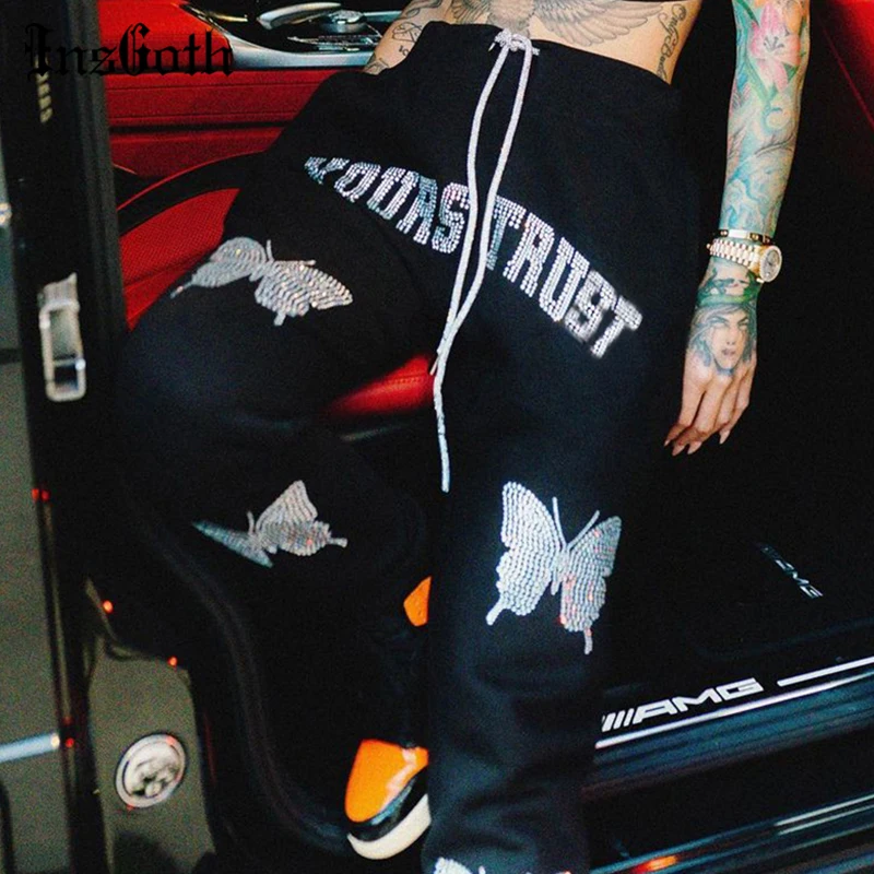 

InsGoth Gothic Butterfly Diamond Pants Harajuku Punk Black High Waist Elastic Trousers Fairy Grunge E Girl Autumn Long Trousers