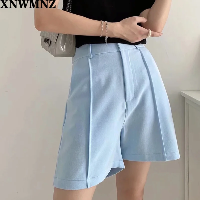 

XNWMNZ za Minimalism set for women Autumn 3 piece set blue Solid blazer,shorts,high waist pants sold separately women's costumes