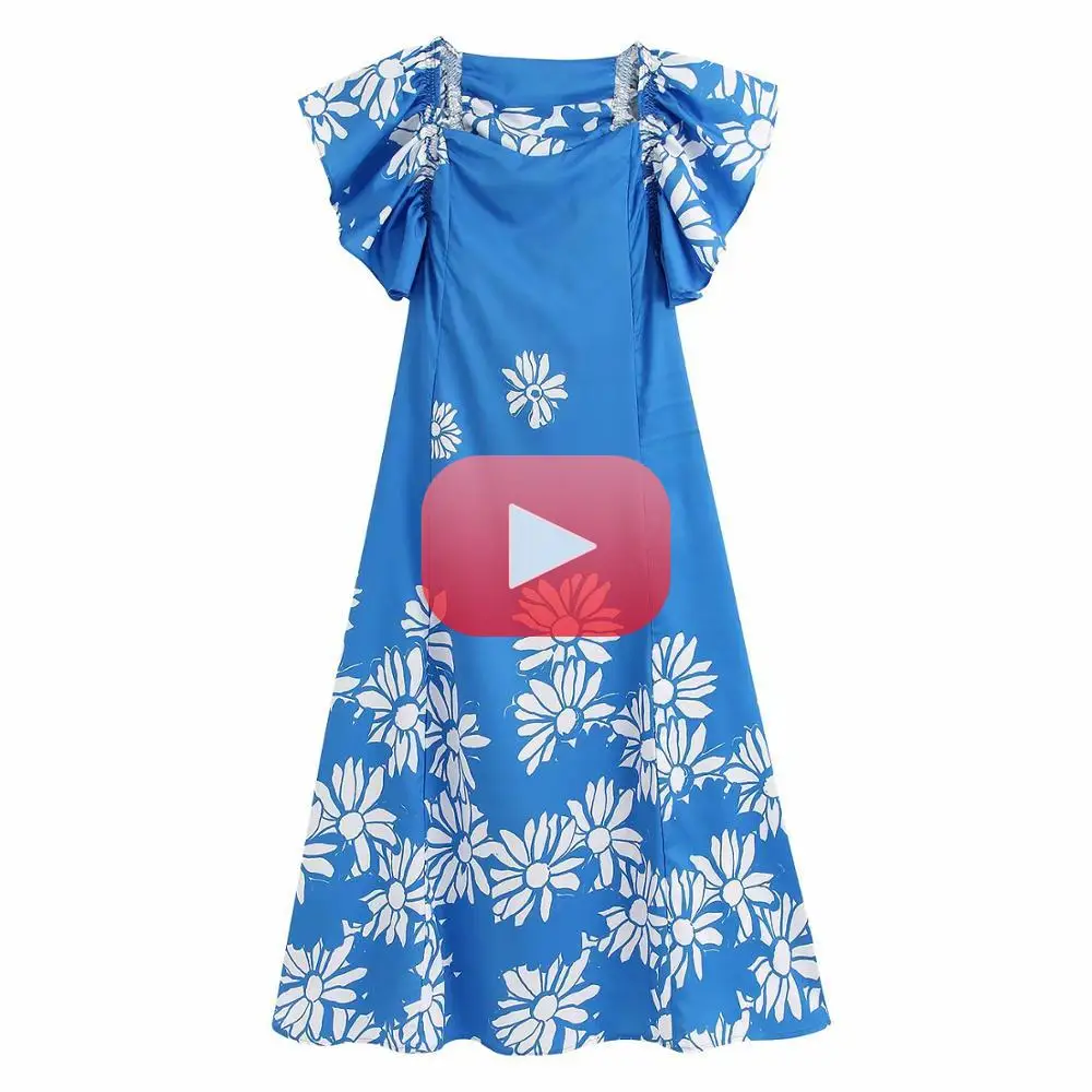 

New Women Butterfly Sleeve Printing Midi Dress Ladies Stylish Elastic Stacked Ruffles Retro Vestidos Chic Party Dresses DS3391