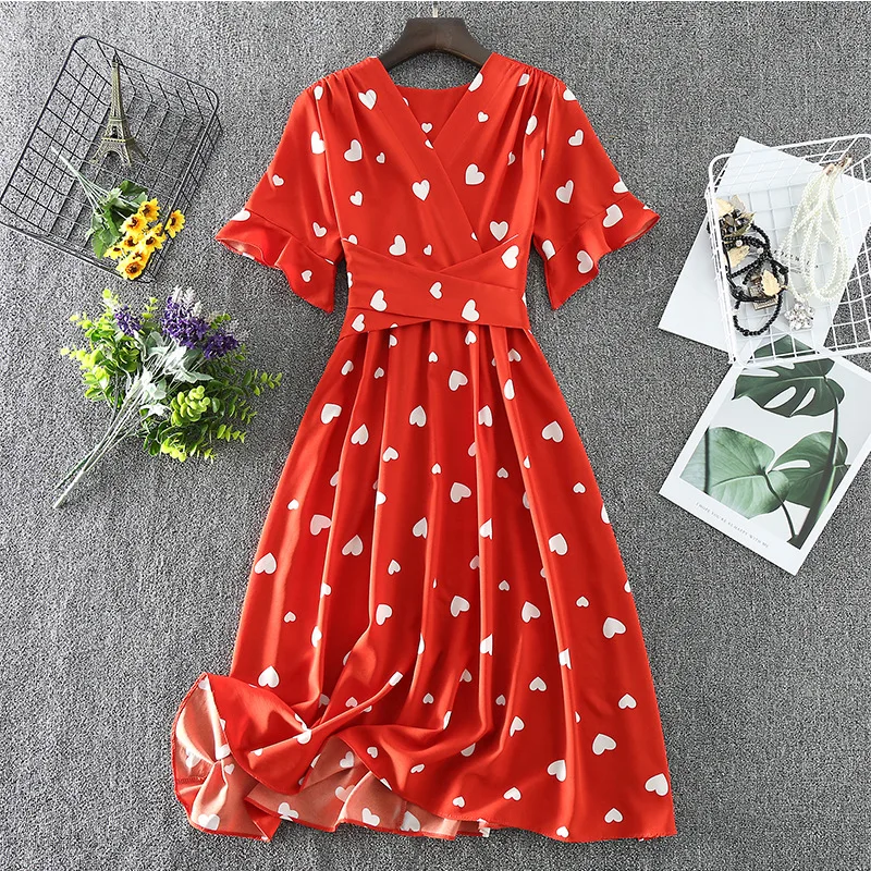 

2021 New Vintage Love Heart Print Dress Women Sweet Cherry Print V Neck Midi Bandage Dress Female Holiday Party