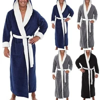 lengthened hooded bathrobe solid color patchwork men full sleeve winter plush pocket long robe sleepwear