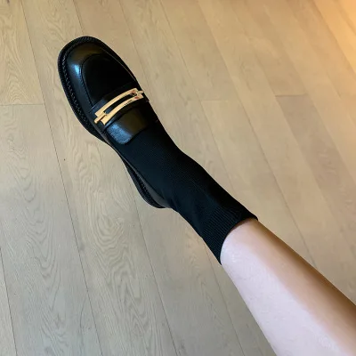 

New Autumn Winter Stretch Fabric Shoes British Style Fashionable All Match Round Toe Thick Heel Metal Decoration Mid-tube Boots