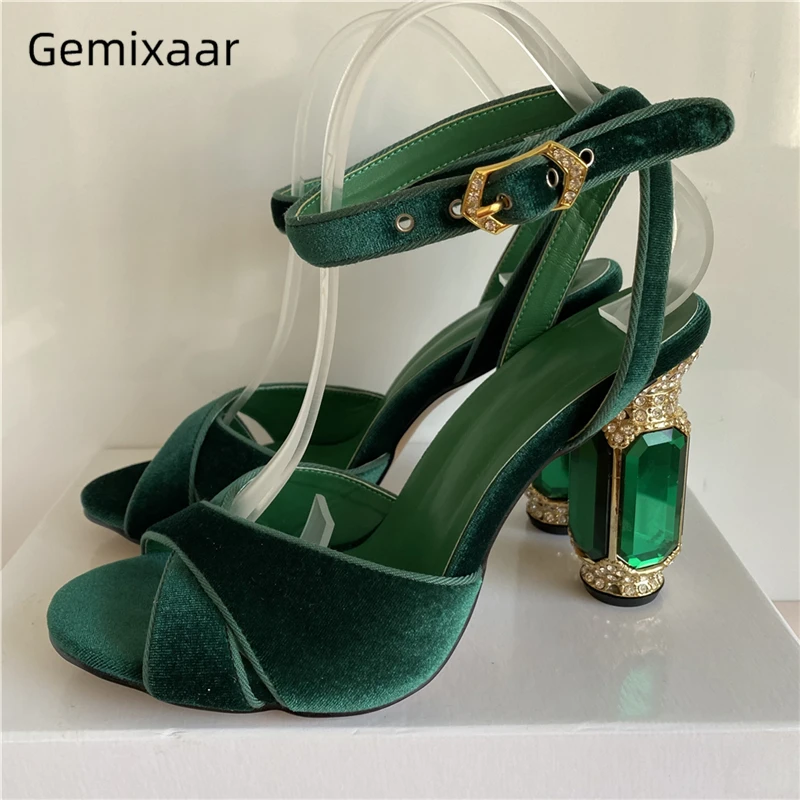 

Luxury Velvet Cross-band Sandals For Girls Women Jeweled Diamond High Heel Ankle Strap Rhinestone Summer Shoes