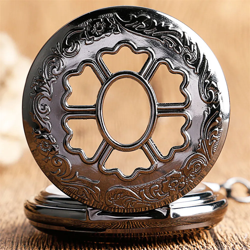 Vintage Black Hollow Flower Half Hunter Mechanical Pocket Watch Exquisite Luxury Pendant Pocket Clock Hand Winding Timepiece