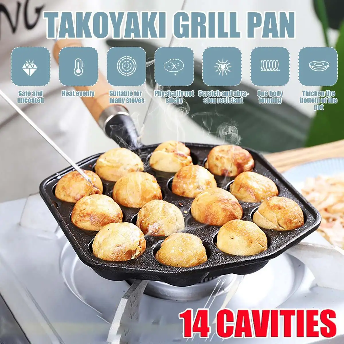 

14-дюймовая сковорода Takoyaki, фотоосьминог, маленькие шарики, чугунная сковорода, домашние Инструменты для выпечки, кухонная посуда, сковорода...