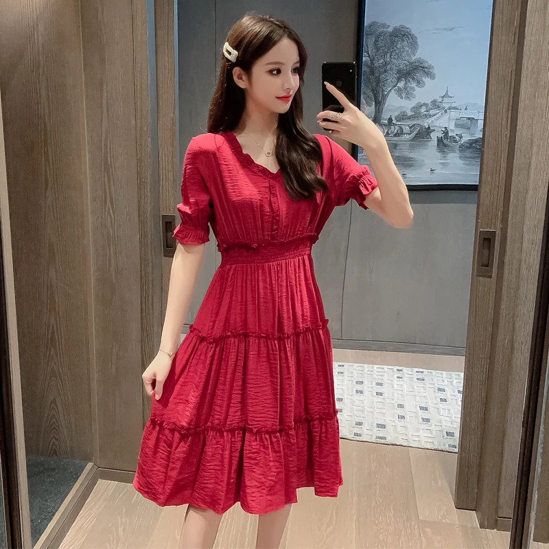

Summer Girls V-neck Elegant Slim Dress Female Short Sleeve Fit And Flare Elastic Waist Dresses Vestidos For Women Real Photos