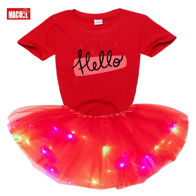 Fashion Light LED Tutu Dress+t Shirt 2 Pcs Set 2020 Summer Girl T Shirts Rainbow Tutu Dress T Shirt Kids Toddler Baby Cute Dress