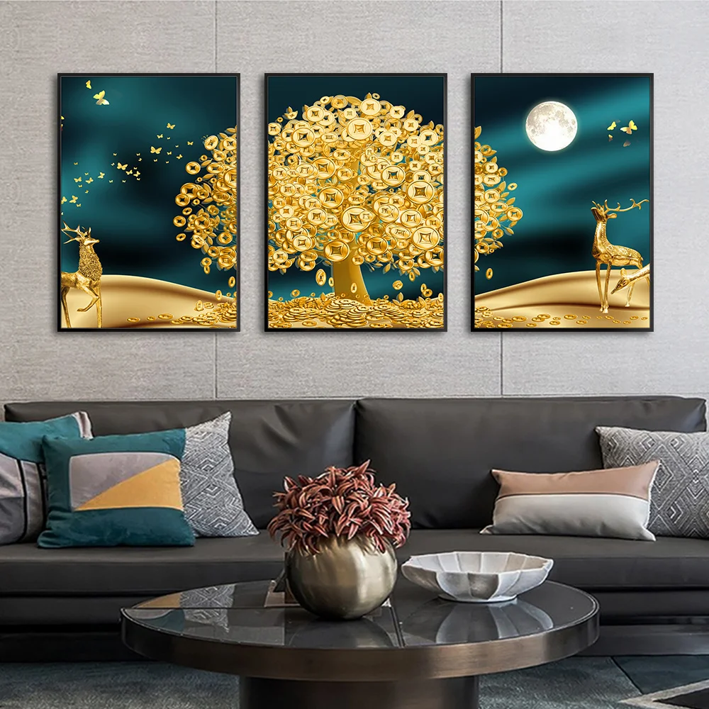 

Golden Art Deer Money Tree Wall Picture Islamic Wall Art No Frame Abstract Moon Canvas Printing Poster Still life