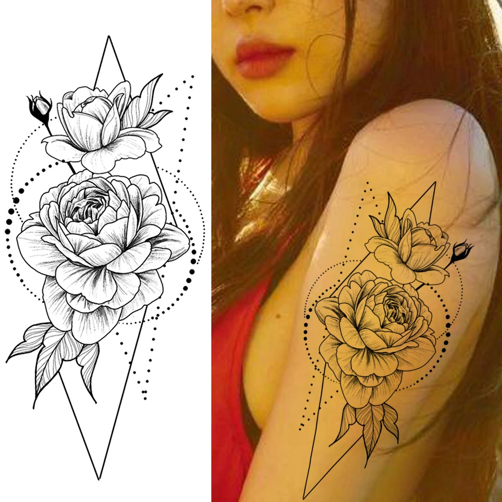 

Creative Geometic Flower Temporary Tattoos Sticker For Women Girls Body Art Peony Drawing Triangle Rose Design Fake Tatoo