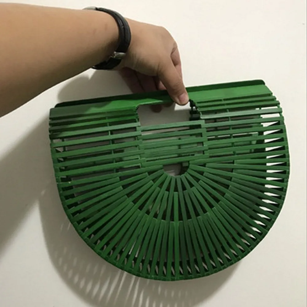 green (large) Бамбуковая вязаная сумка, Женская открытая ручная сумка, модная квадратная летняя пляжная сумка, женские деревянные для сумок, женская сумка с верхней ручкой - Цвет: green (large)