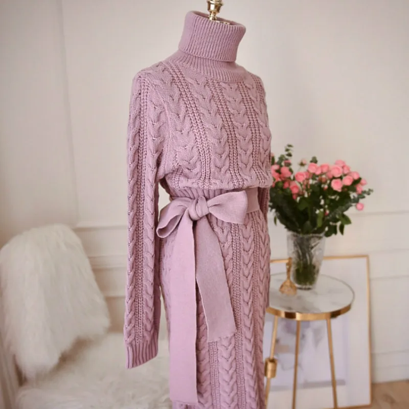 

2020 Winter Temperament Bursting Elegant Waist Twist High Collar Knit Bottoming Sweater Dress dropshipping dresses for women