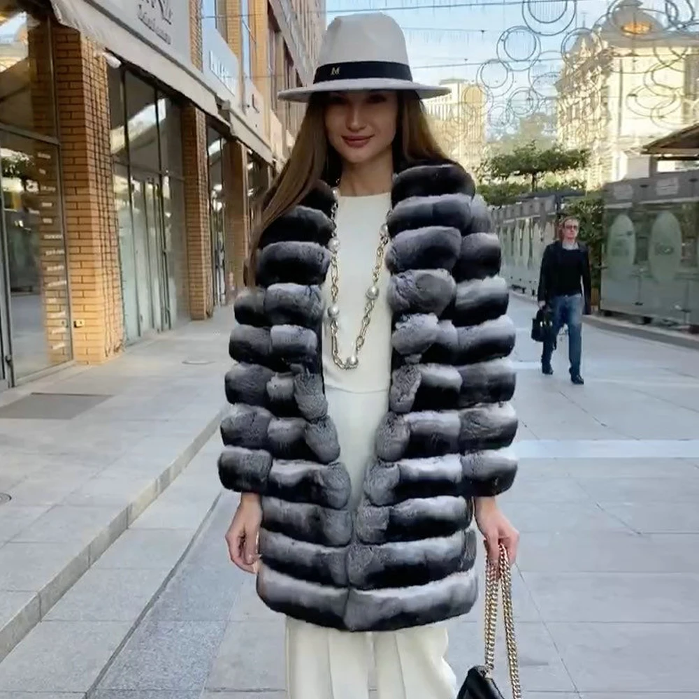 Mid-length Real Rex Rabbit Fur Coat with Lapel Collar 2021 Trendy Women Winter New Genuine Rex Rabbit Fur Coat Chinchilla Color enlarge