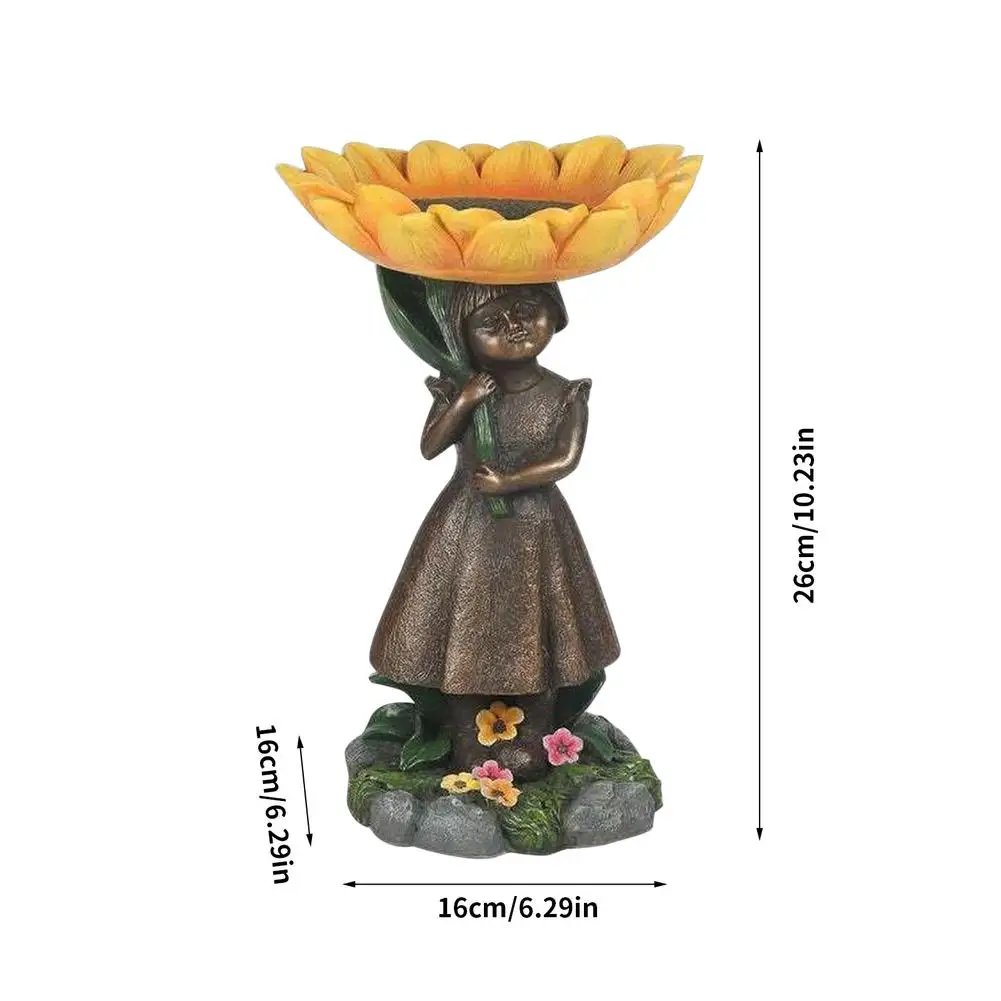 

New Girl Holding Sunflower Bird Bath Yard Art Resin Statue Courtyard Wild Bird Feeder Garden Decoration Sculpture