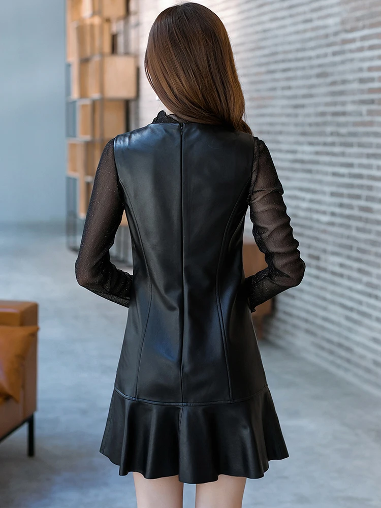 

JCHB 2021 dress autumn and winter leather skirt women's round neck sheepskin vest skirt
