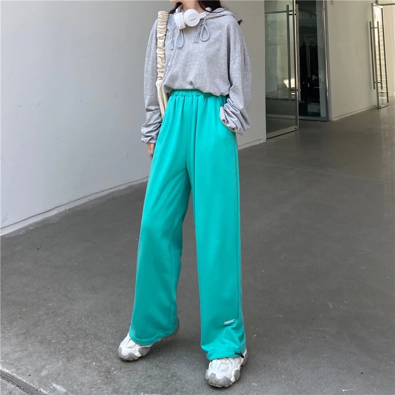 

ZCWXM Spring Women Sweat Pants Full Length Loose Elastic Waist Solid Korean Wide Leg Pants Women Blue Grey Black Trousers New