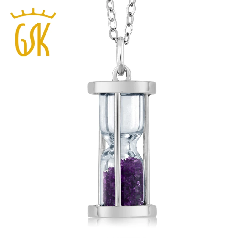 GemStoneKing 925 пробы серебро 0,75 карат аметистовая пыль песочные часы кулон ожерелье для женщин и мужчин