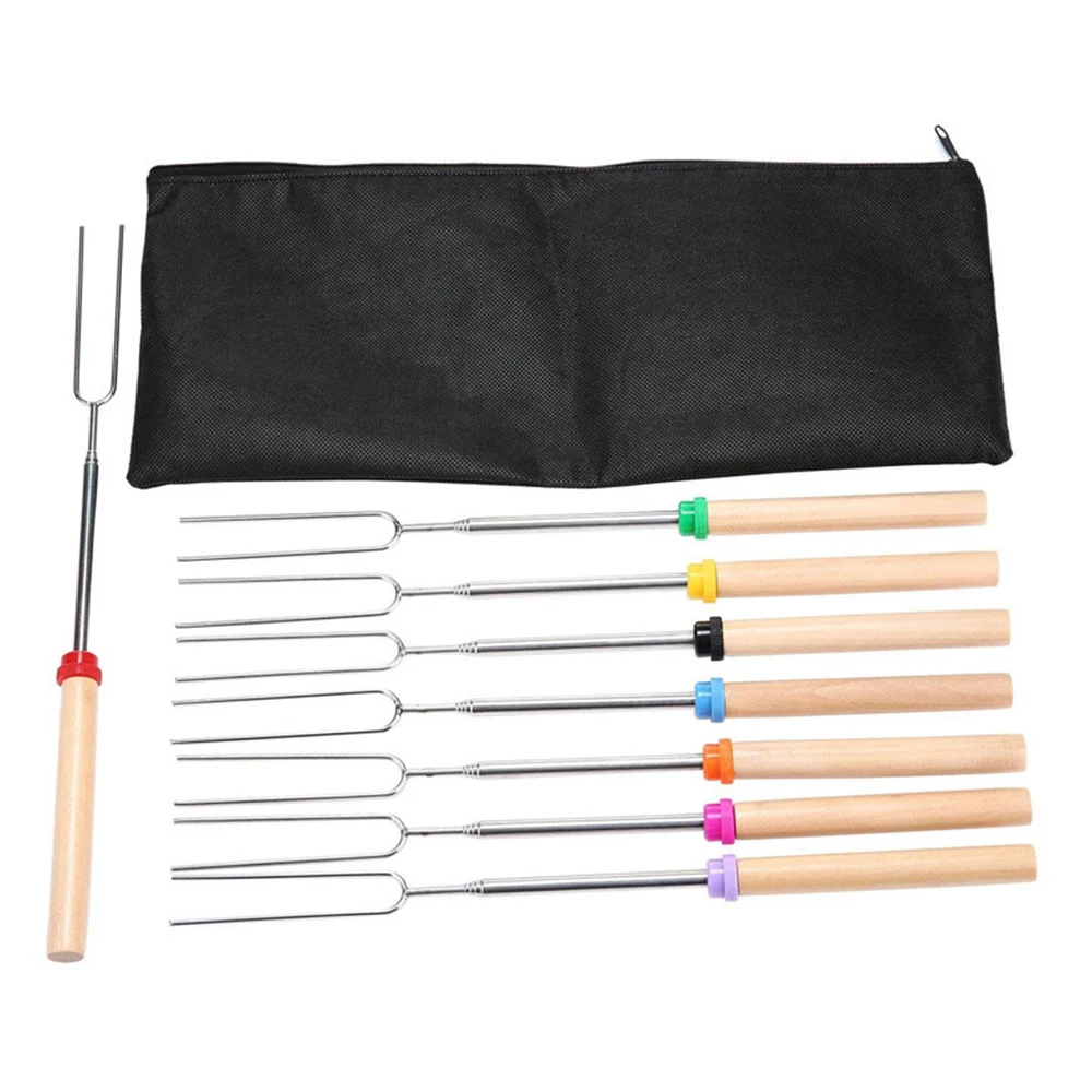 82cm Stretchable BBQ Skewers Reusable Roasting Forks With Bag Camping Hot Dog Roast Fork Steel Barbecue Tool Grill Accessories - купить по