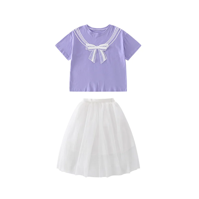 

Children Gauze Skirts Sets Preppy Style Short Sleeve T-Shirt+Skirt Two Piece Kids Clothes Girls Suit Lovely Casual Summer Outfit