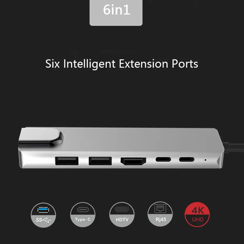 

6 in 1 USB 3.0 High Speed Ports Type-C Hubs Usb-C to 4K 30HZ HD Laptop Rj45 Gigabit Ethernet Network PD Hub Portable Type-C Hubs