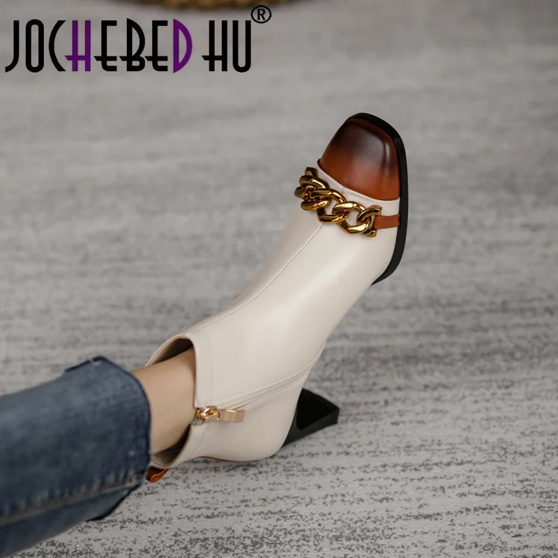 

Ботильоны женские jochebed hu】 из натуральной кожи, с металлическим украшением, с квадратным носком, на толстом каблуке