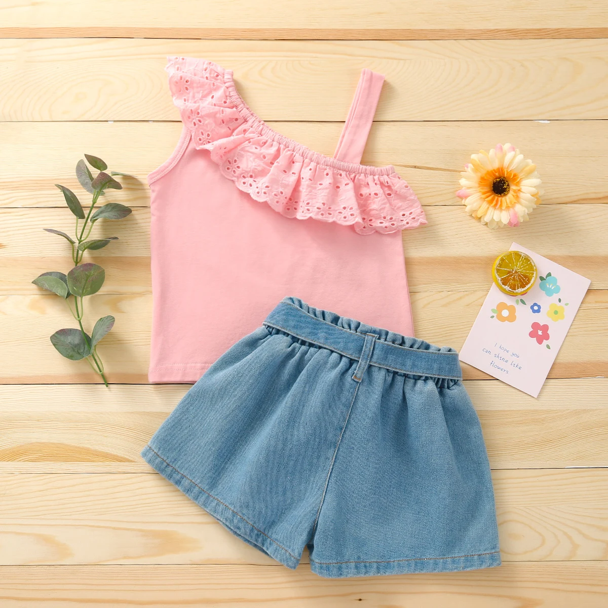 

2Pcs Kids Summer Tracksuit, Girls Lace Flounce Sleeveless Vest + Elastic Waist Denim Shorts, 18 Months to 6 Years