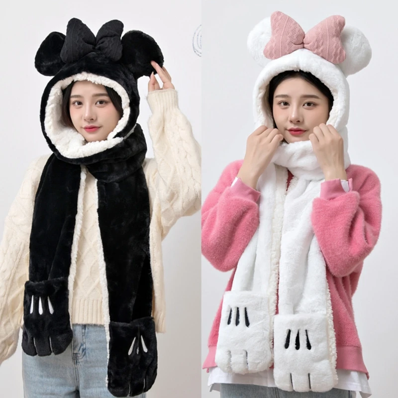 

Kawaii Winter Warm Thick Soft Hat Scarf Gloves for Women Girl One-piece Bowknot Plush Hooded Cute Hat Combo Famale