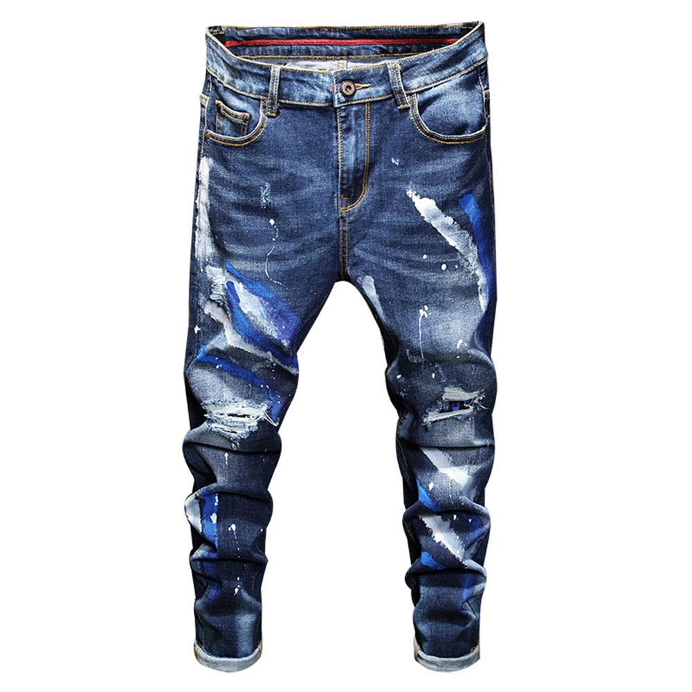 

Men's Holes Ripped Patchwork Stretch Denim Jeans Trendy Painted Blue Slim Pants Trousers