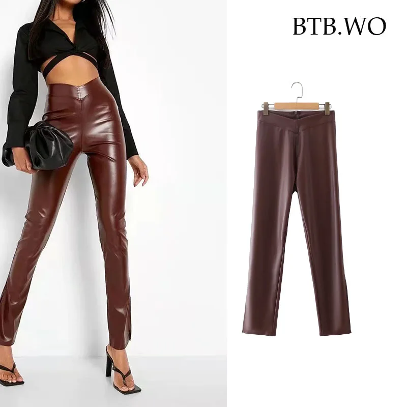 

BTB.WO Za Women Pants 2021 Fashion Faux Leather Skinny Pencil Pants Vintage High Waist Zipper Fly Female Ankle Trousers Mujer