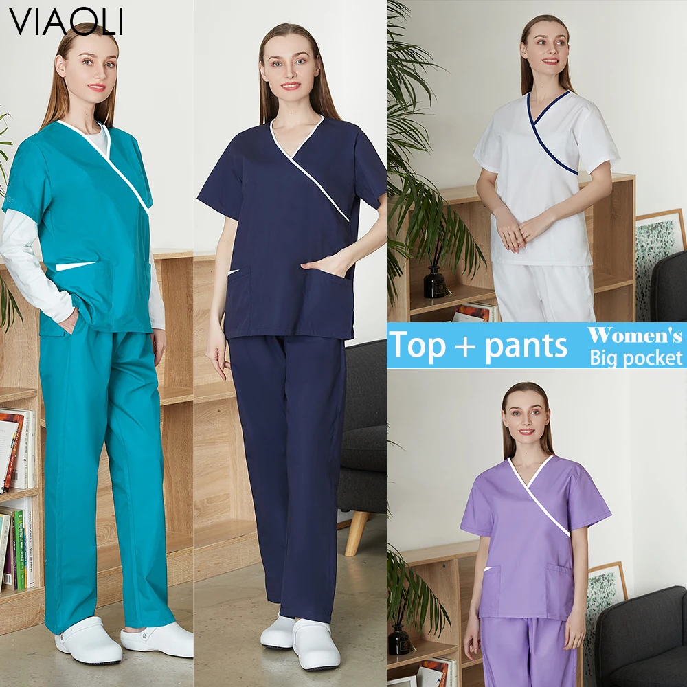 

Women's wholesale lab double-sided large pocket scrub clinic nursing surgical gown women short sleeve suit overalls custom logo