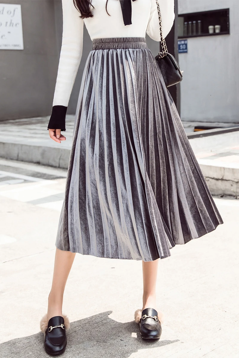 

Women Pleuche Skirts 2020 New Autumn Winter Fashion Female Soild A-line Maxi Casual Gold Velvet Pleated Skirt High Quality
