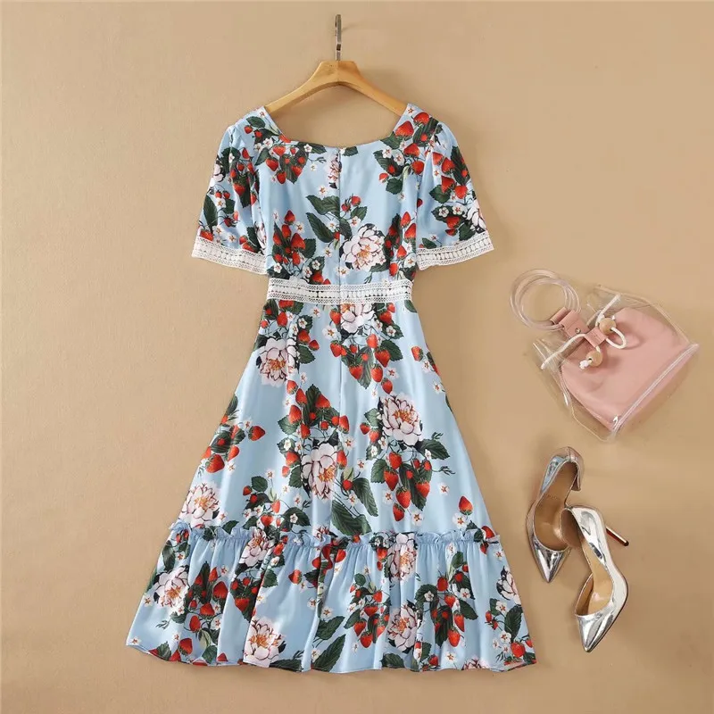 

Fashion Runway Summer Square Collar Short Sleeve Print Floral Dresses for Women 2021 Hollow Lace Patchwork Casual Party Vestidos