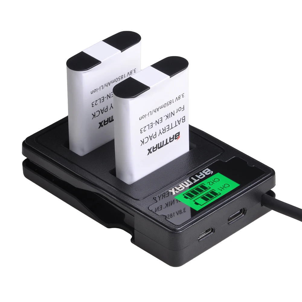Двойное зарядное устройство Batmax EN-EL23 EL23 LCD USB с портом Type C для камеры Nikon COOLPIX P900 P610