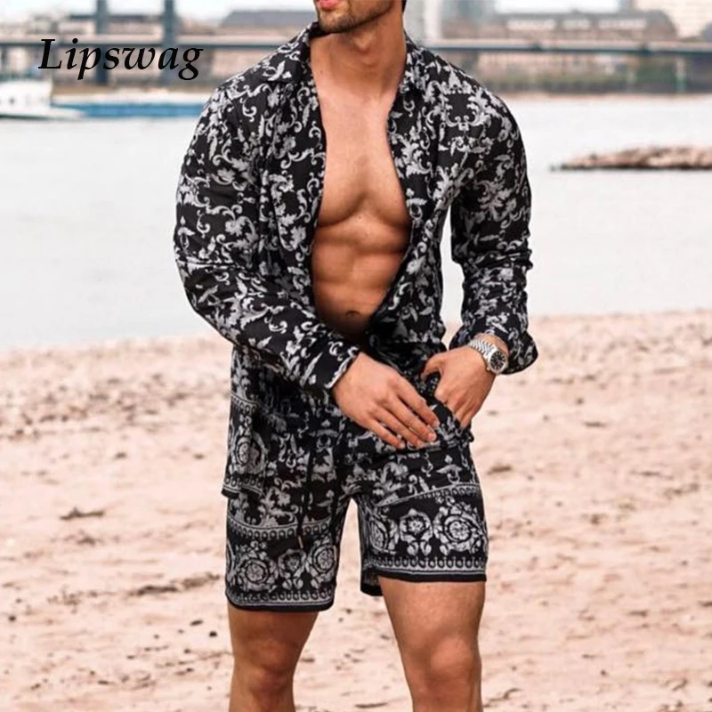 

Vintage Pattern Printed Fashion Loose Men Two Piece Sets Streetwear Casual Long Sleeve Shirts And Shorts Suits Harajuku Outfits