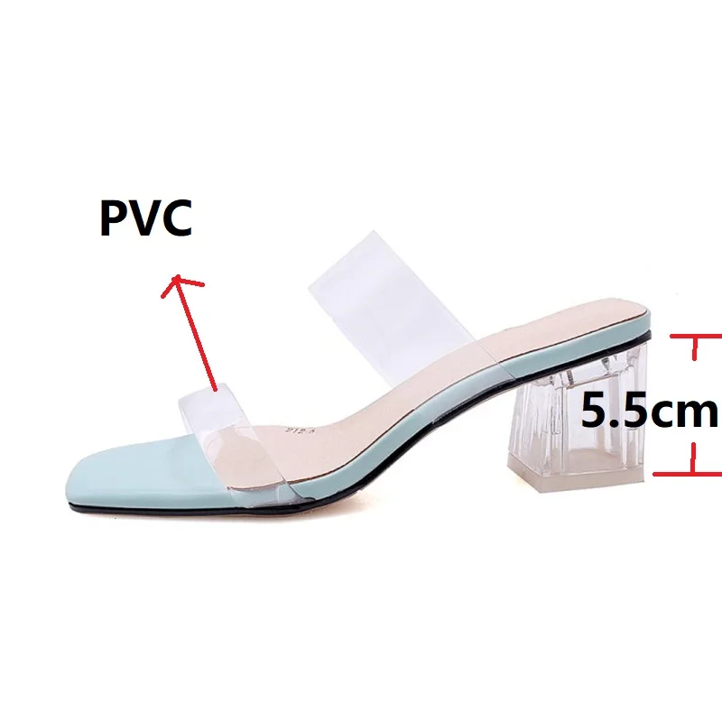 

Hot Sale Clear Square Heels Slippers For Women Transparent PVC Narrow Band Slides Summer Beach Shoes Cool Big Plus Size 43 Shoes