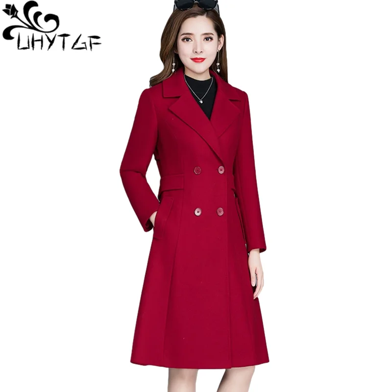 

UHYTGF New Genuine Winter Wool Coat Fashion Double Breasted Elegant Womens Jacket Mid-Length Lapel Slim Plus Size Outerwear 1208