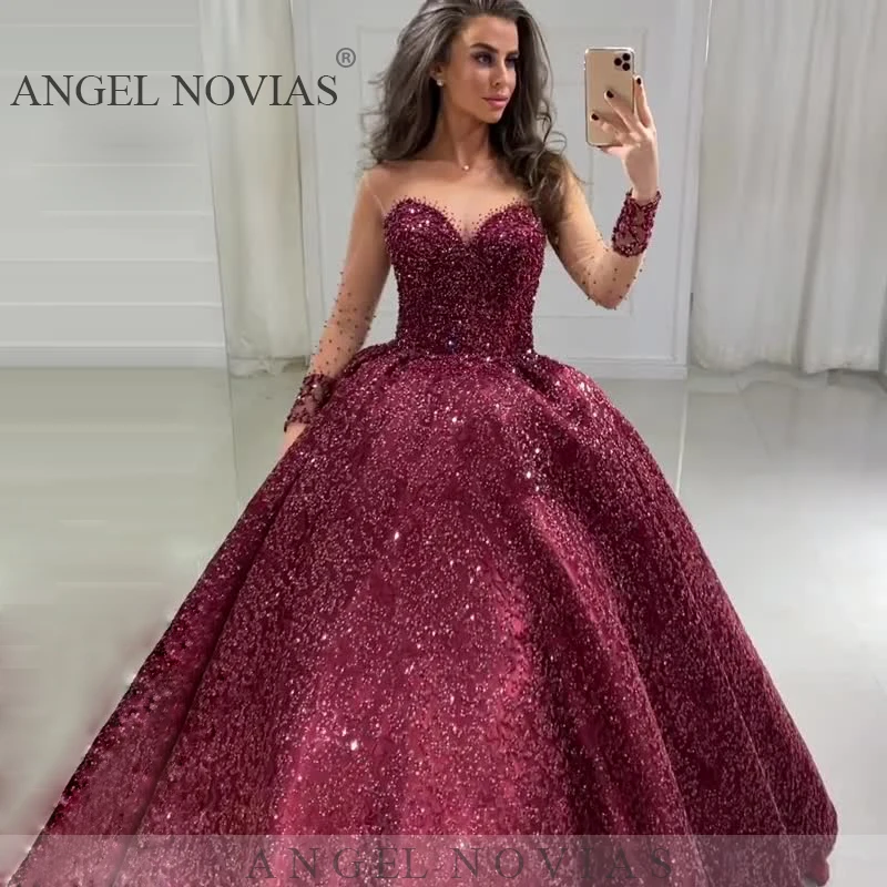 

Long Sleeves Burgundy Glitters Lace Ball Gown Prom Dresses 2020 Arabic with Beads Formal Party Evening Gown