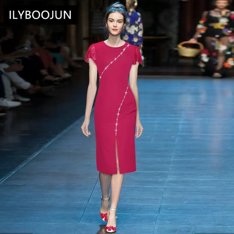 

2021 Fashion Runway Summer Sheath Dress Women's Splicing Lace Short Sleeve Beading Package Hip Split Slim Midi Dress