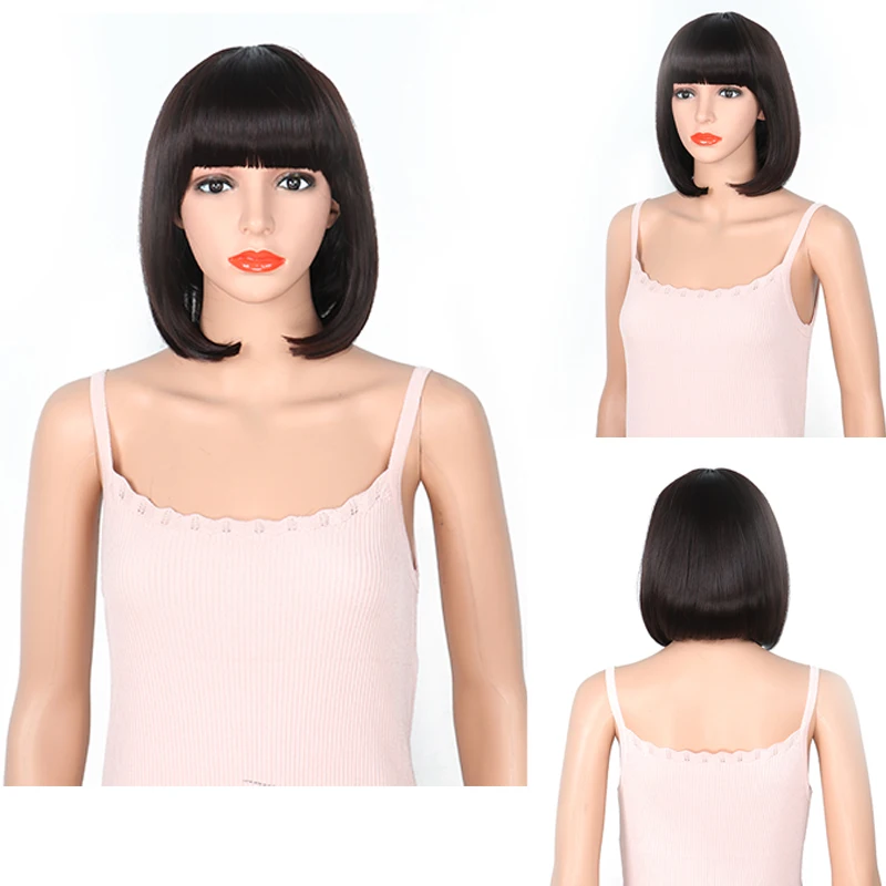 

Kong&Li Black Synthetic Wigs With Bangs For Women Medium Length Hair Bob Wig Heat Resistant bob Hairstyle Straight Cosplay Wigs