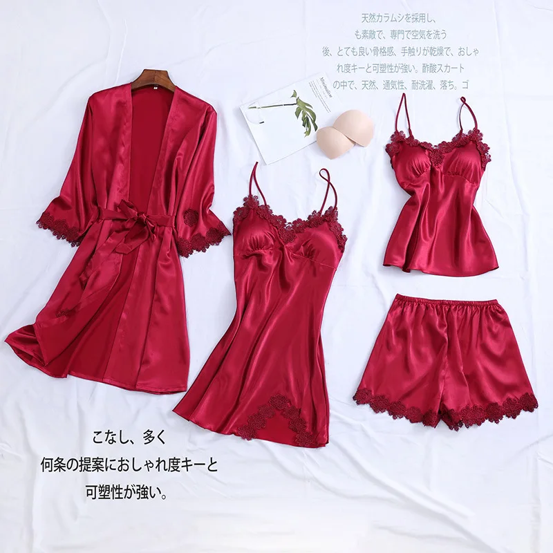 

FZSLCYIYI 4 Piece Pajamas Set Sexy Lace Satin Women Pajamas Faux Silk Dressing Gown Lace Summer Robe Sleepwear With Chest Pads