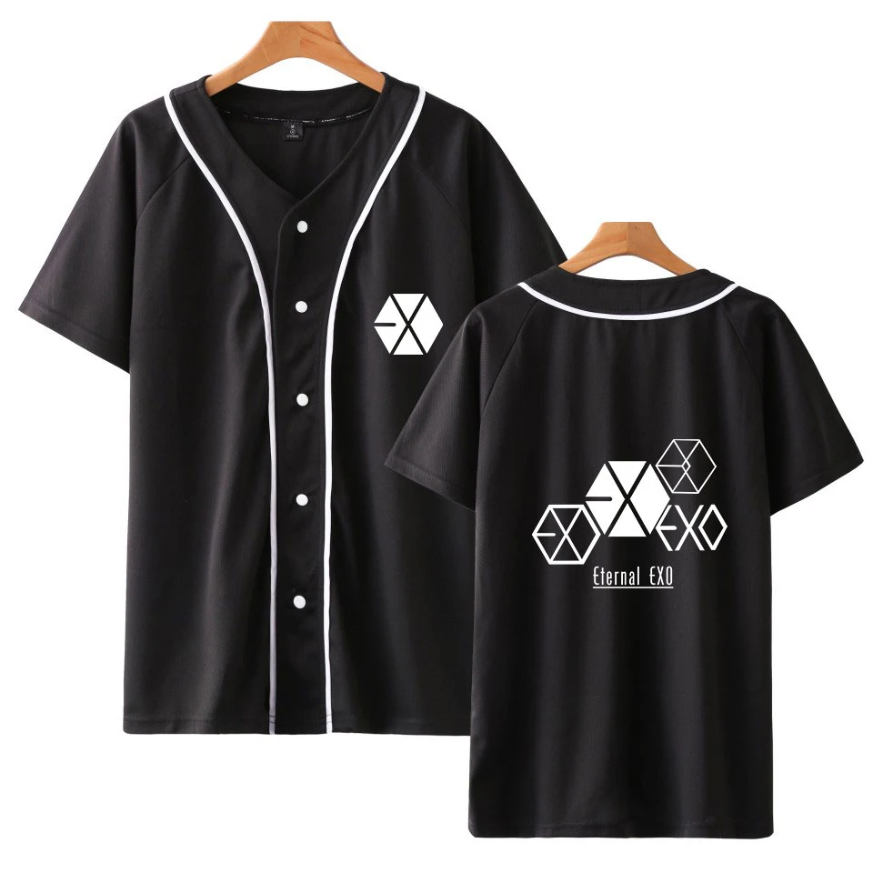 

EXO 2019 Kpop Summer Tops Fashion Plus Size Button Casual Lady V-neck Women Men Clothing Short Sleeved Baseball Blouses Shirts