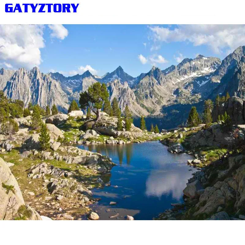 GATYZTORY рамка для картины пейзаж DIY Краска по номерам горный акриловый холст