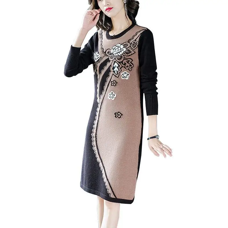 

2020 Winter Fall Fashion Womens Female Clothes Patchwork Long Sleeve Knit Sweater Dress , Korean Women Knitted Dresses