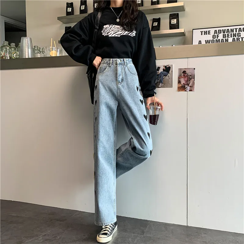 

Fashion Women Jeans Pants 2021 Love Printed Jeans Loose Blue Wide Leg Trouser Streetwear Quality Retro 2021 Harajuku Pants
